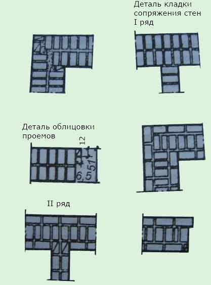 Облегченная кирпичная кладка системы Попова и Орланкина. Разрезы стен и детали кладки